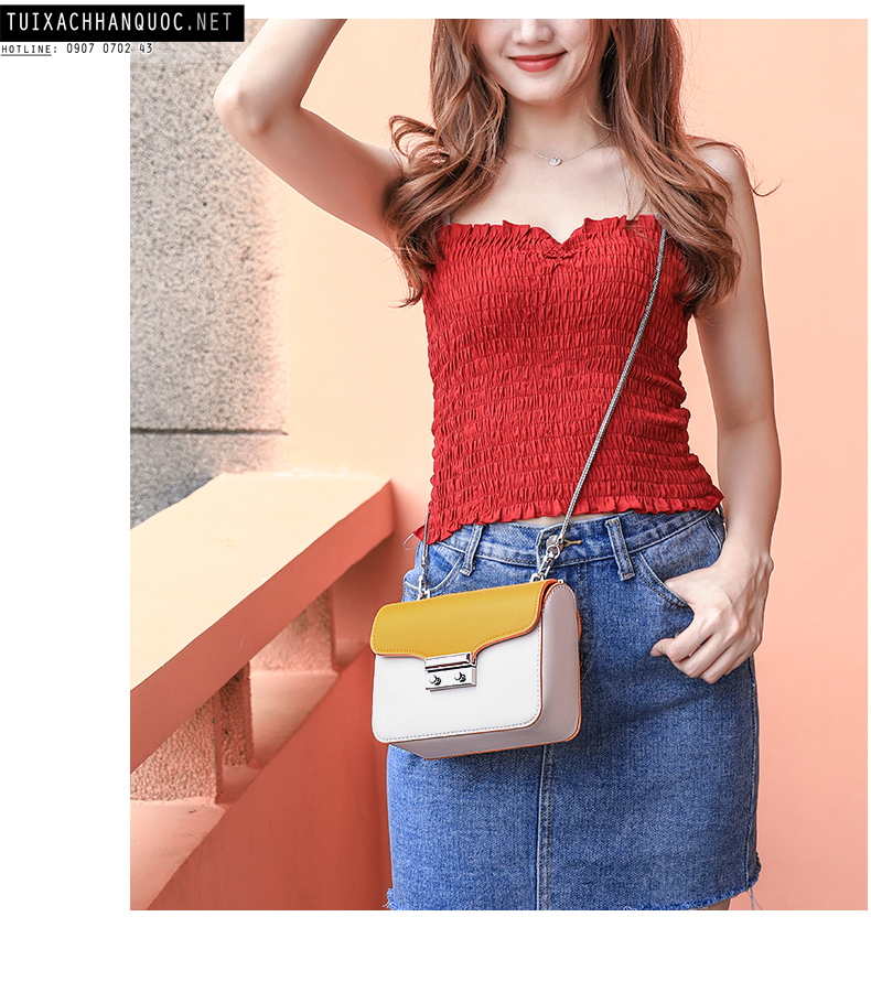 Messenger Bag - Túi xách nữ Hàn Quốc đeo chéo nấp gập Cam phối 